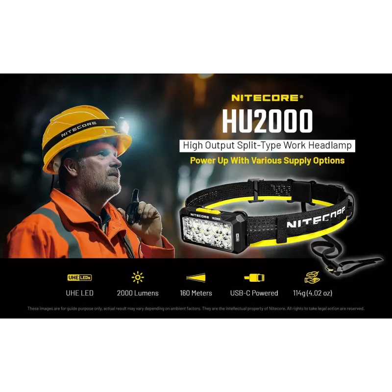 Latarka na opaskę Nitecore HU2000, 10 diod LED, akumulator litowo-jonowy ładowany przez USB, aluminium + poliwęglan, wodoodporność IP68