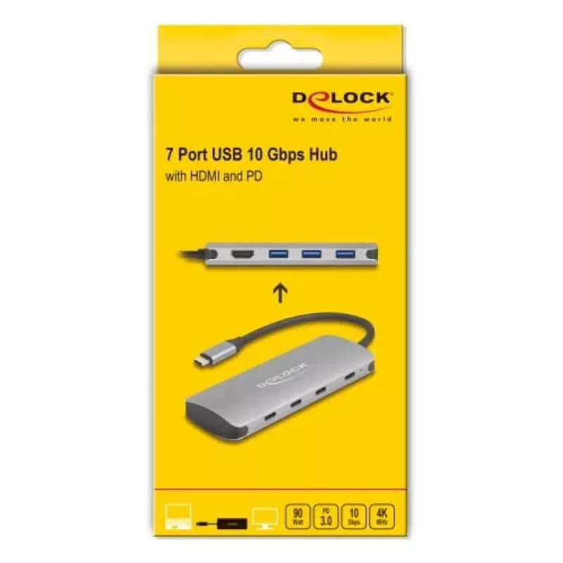 Hub USB-C DELOCK 64323 — host USB 3.2 Gen 2 Type-C, HDMI + 2× USB-A + 2× USB-C, 10 Gbit/s, szary