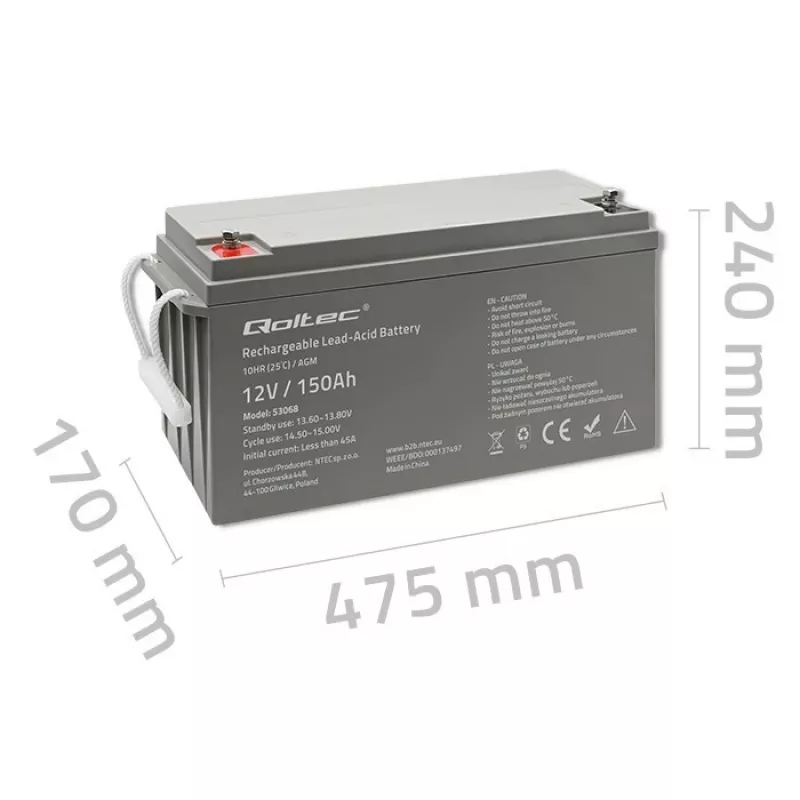Qoltec 53068 Akumulator AGM | 12V | 150Ah | maks. 2250A