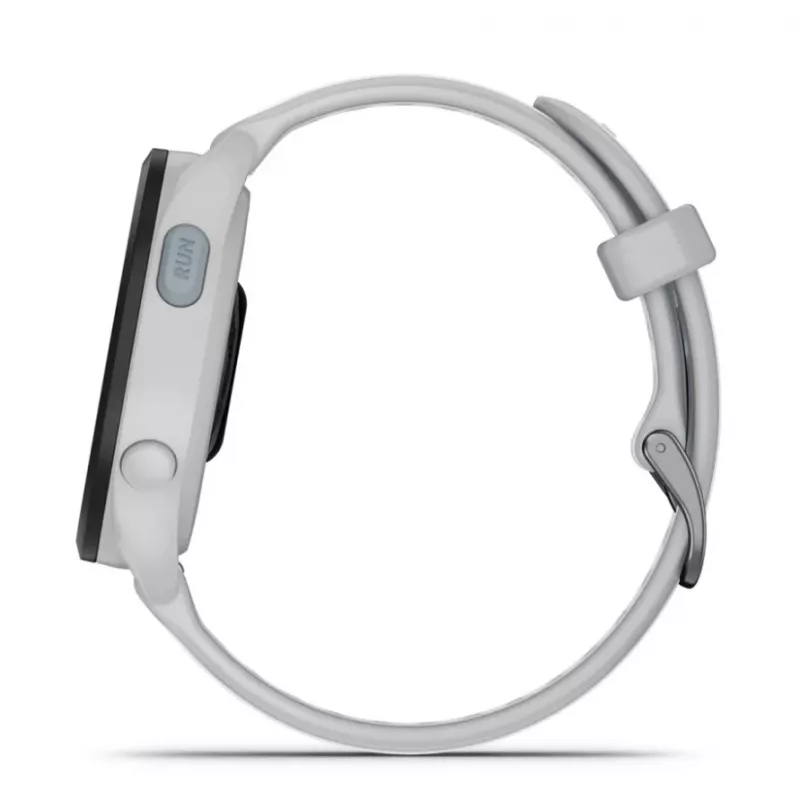 Smartwatch GARMIN Forerunner 165 — GPS, AMOLED 1,2 cala, 4 GB, 5 ATM, 11 dni pracy na baterii, szara koperta, biały pasek