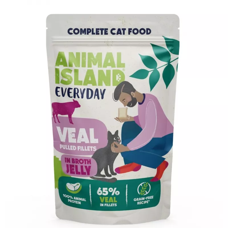 Karma mokra dla kota animal island Everyday Jelly Veal — 12 x 85 g saszetki, koty dorosłe, bez cukru/soi/glutenu