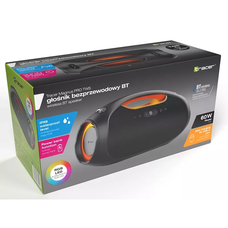Przenośny głośnik stereo TRACER TRAGLO47226 — bezprzewodowy Bluetooth 5.3, 60 W RMS, 12 h baterii, czarny