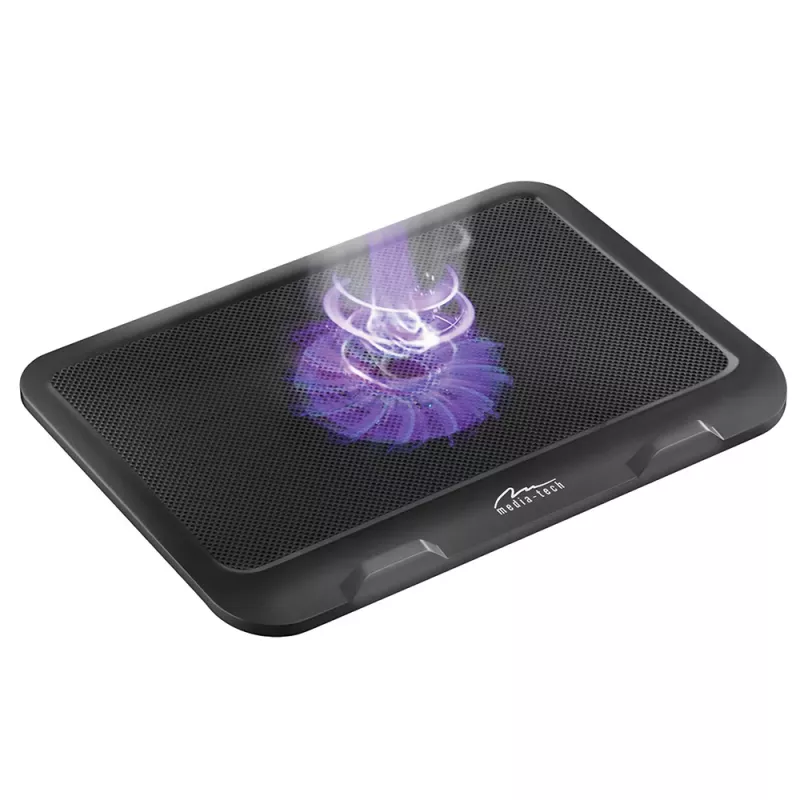 Podkładka chłodząca MEDIA-TECH MT2660 — chłodziarka do laptopa zasilana przez USB, 1 wentylator 13,5 cm, 20 CFM, 1000 RPM, 330×250×40 mm, 327 g, podświetlenie