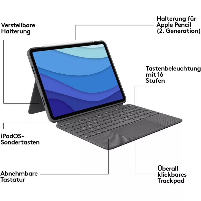 Etui z klawiaturą Combo Touch US iPad Pro 11 1,2,3 Gen szary