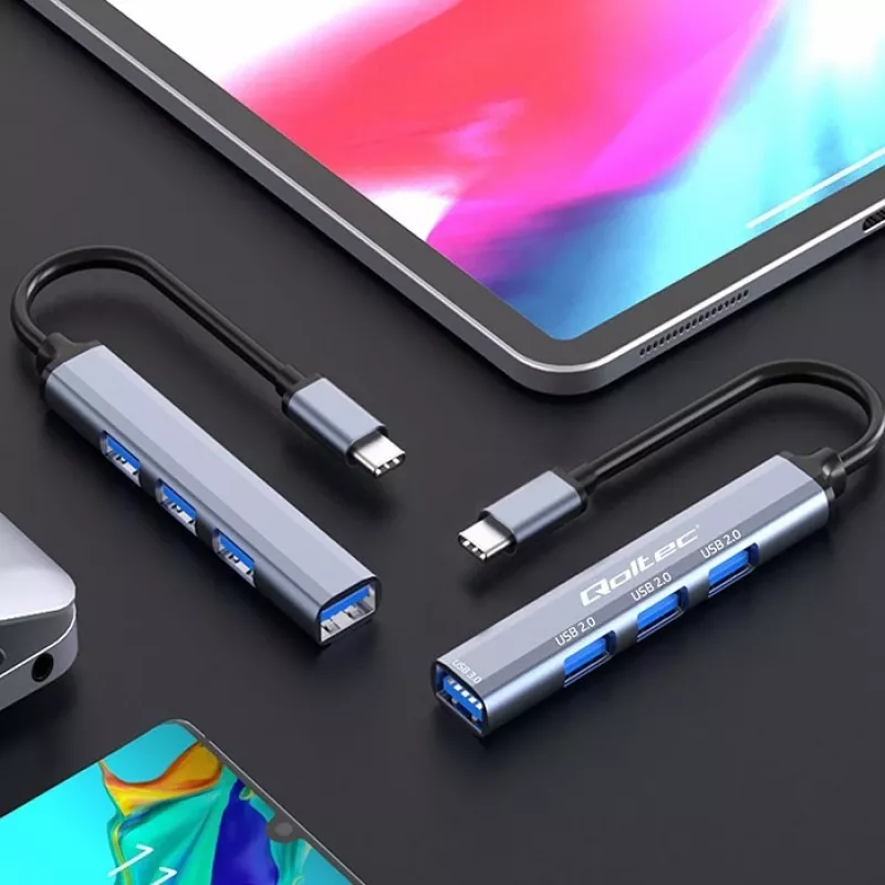 Hub USB QOLTEC 53792, USB-C 3.1 na 4 porty (USB 3.0 x1, USB 2.0 x3)