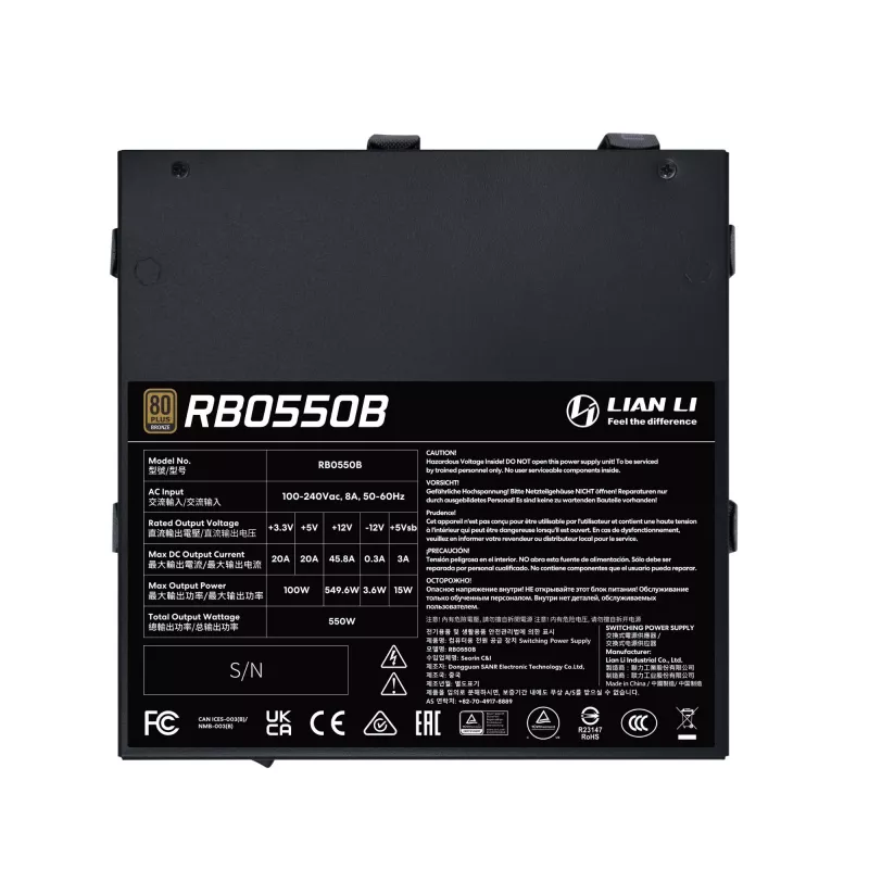 Zasilacz Lian Li RB0550B.B 550 W, 24-pin ATX, 80 PLUS Bronze, wentylator 135 mm, czarny