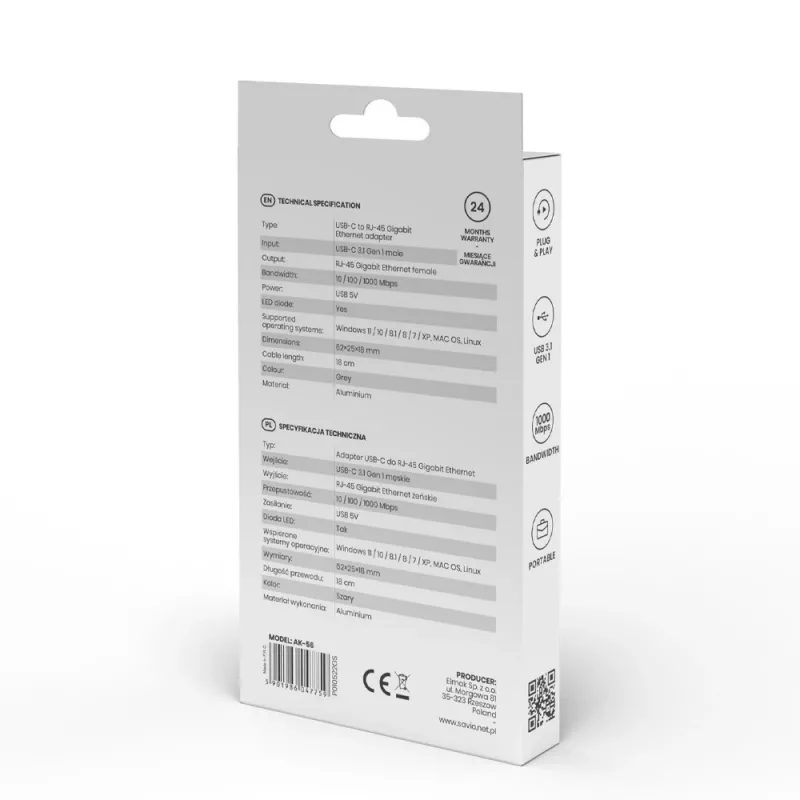 SAVIO Adapter USB-C 3.1 Gen.1 (M) na RJ-45 Gigabit Ethernet (F), 1000 Mbps, AK-56, szary