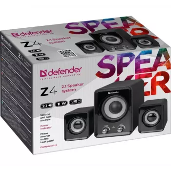 Przewodowe głośniki DEFENDER Z4 2.1, 11 W RMS, czarne, zasilanie USB 5V, wyjście słuchawkowe 3,5 mm