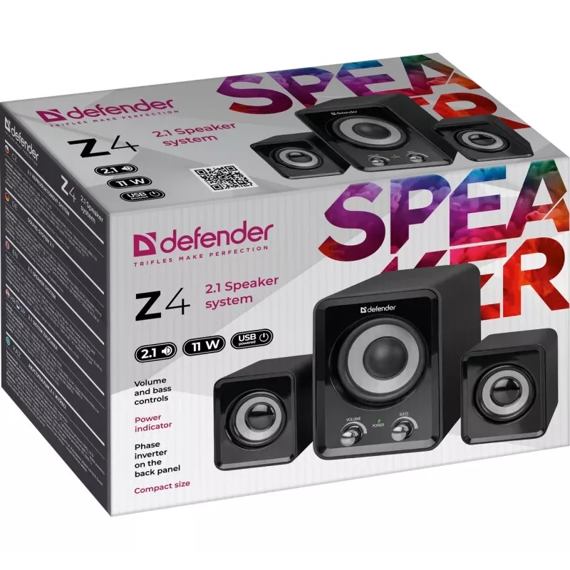 Przewodowe głośniki DEFENDER Z4 2.1, 11 W RMS, czarne, zasilanie USB 5V, wyjście słuchawkowe 3,5 mm