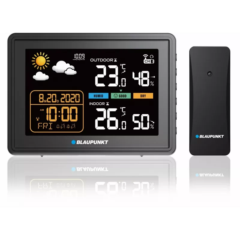 Stacja pogodowa BLAUPUNKT WS30BK z bezprzewodowym czujnikiem zewnętrznym, kolorowy LCD, zegar, alarm, barometr, °C, 1 czujnik
