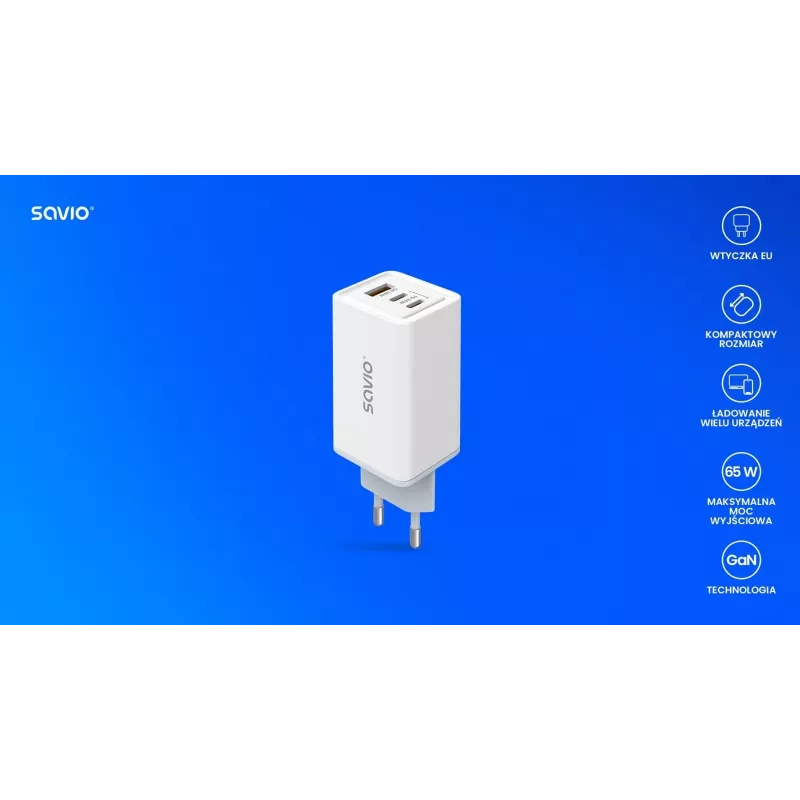 Ładowarka sieciowa SAVIO LA-07 GaN 65W, USB, QC4.0+, PD 3.0, Biała