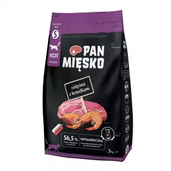 Sucha karma dla kota Pan Miesko Cielęcina z krewetkami, mała, dorosły, 5 kg, białko 39%, tłuszcz 16%