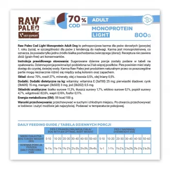 Mokra karma dla psa VETEXPERT Raw Paleo Cod Light Adult 800 g — w puszce, smak rybny, 11,3% białka, 1,7% tłuszczu