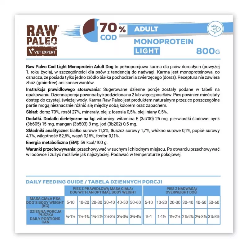Mokra karma dla psa VETEXPERT Raw Paleo Cod Light Adult 800 g — w puszce, smak rybny, 11,3% białka, 1,7% tłuszczu