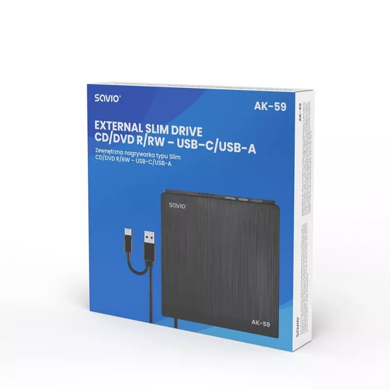 SAVIO AK-59 Zewnętrzna smukła nagrywarka CD/DVD R/RW - USB-C/USB-A, czarny