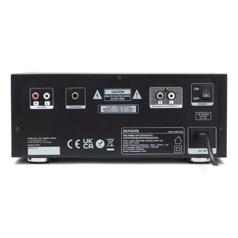 Domowy wieża audio Aiwa MSBTU-550 — 50 W RMS, Bluetooth 10 m, FM, wyświetlacz LED, RCA, czarny
