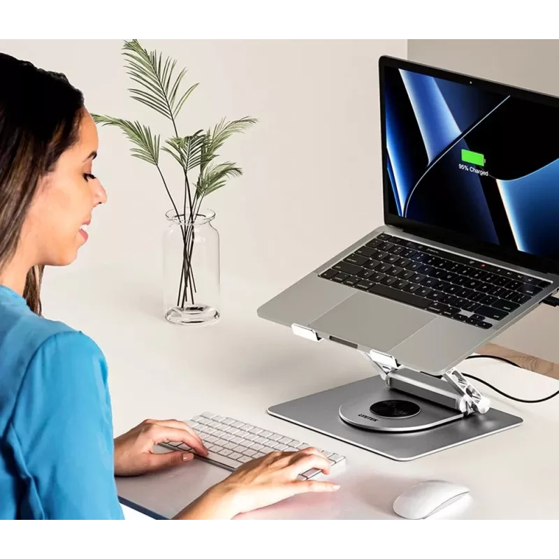 Stojak na laptopa Unitek D1109B01 — aluminiowy regulowany stojak z odłączanym modułem USB‑C HDMI 4K PD 100W, 2x USB‑A, RJ‑45, do 17 cali