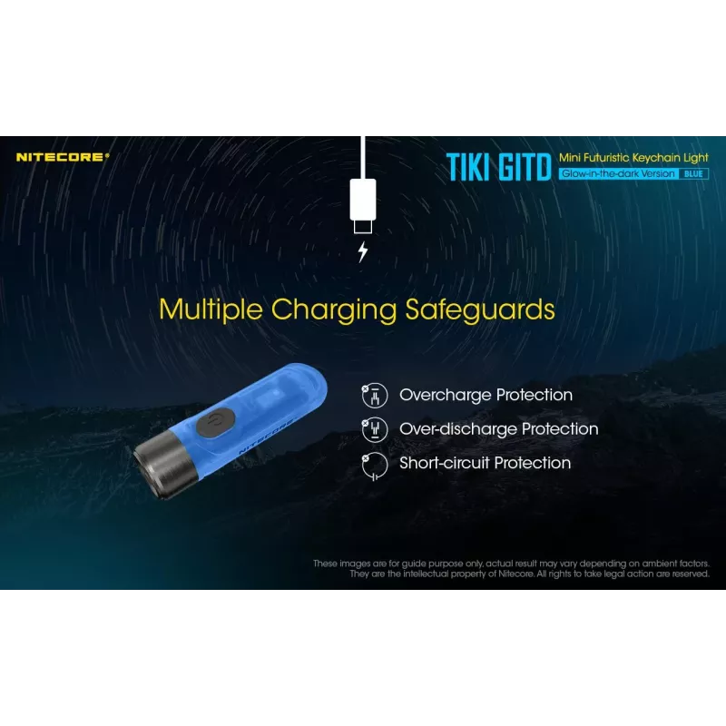 Latarka na klucze Nitecore TIKI GITD niebieski — szara, ładowana przez USB, 1 lm, 55 mm, 12 g, IP66, odporna na wstrząsy