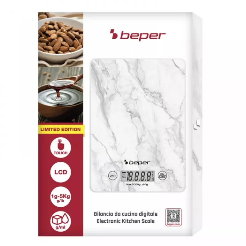 Waga kuchenna Beper P102BIL004 - cyfrowa, 5 kg, 1 g, biały marmur