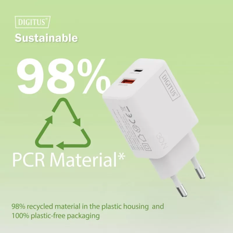 Ładowarka sieciowa USB GaN DIGITUS DA-10301 — 30 W, 1× USB-C, 1× USB-A, 100–240 V, biała