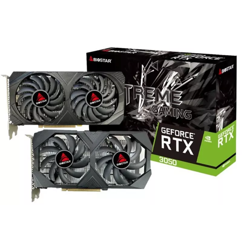 Karta graficzna BIOSTAR GeForce RTX 3050 6 GB GDDR6 PCIe 4.0, 2304 rdzenie CUDA, magistrala 96-bitowa, 2 wentylatory, 225×43 mm