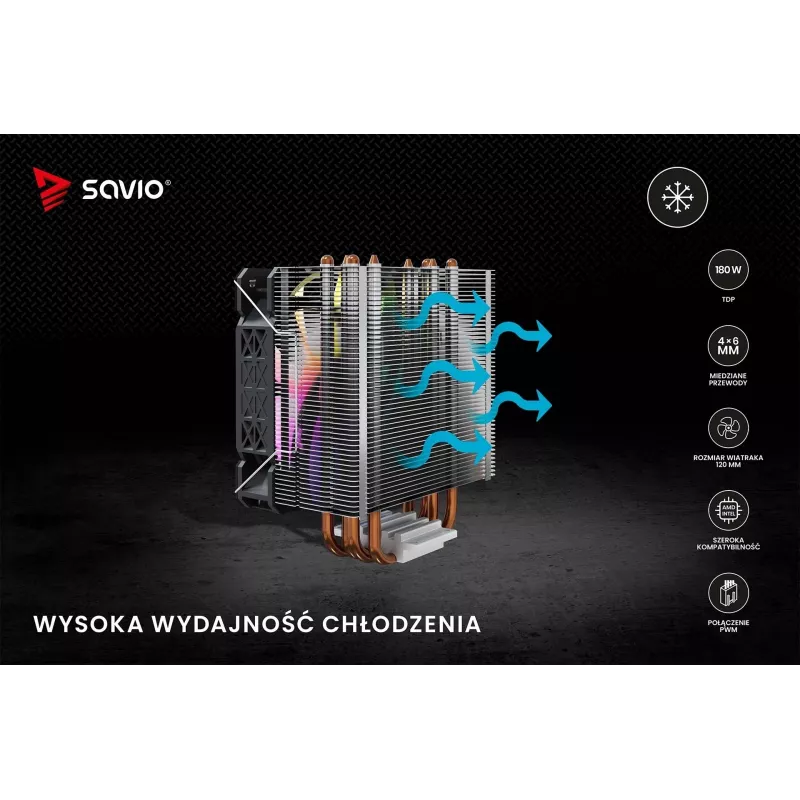 Chłodzenie procesora SAVIO SAVGCOVORTEXX2ARGB z 4 rurkami cieplnymi, wentylatorem 120 mm ARGB, czarne