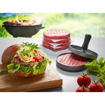 Prasa do hamburgerów GEFU 89419, tworzywo sztuczne, Ø 11,8 cm, wysokość 93 mm, szary/czarny