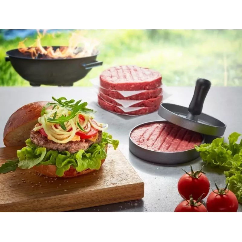 Prasa do hamburgerów GEFU 89419, tworzywo sztuczne, Ø 11,8 cm, wysokość 93 mm, szary/czarny