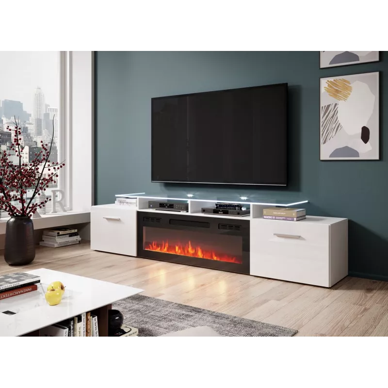 Szafka TV Cama Meble ROVA z kominkiem elektrycznym 190x37x48 cm biały/biały połysk
