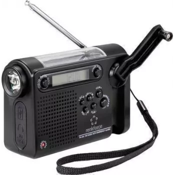 Renkforce RF-CR-200 radio przenośne UKW, MW, KW ładowalne, panel słoneczny, korba ręczna, funkcja alarmu, latarka Czarny (RF-4694806)