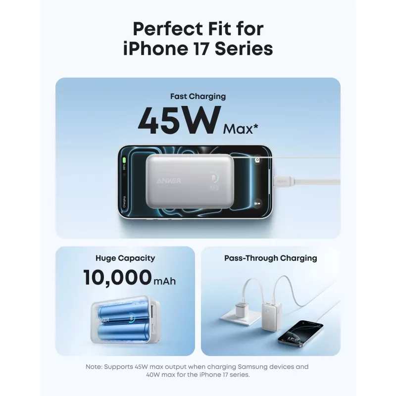Power bank Anker A1638 10000 mAh, 45 W całkowitej mocy wyjściowej, biały, wbudowany wysuwany kabel USB-C