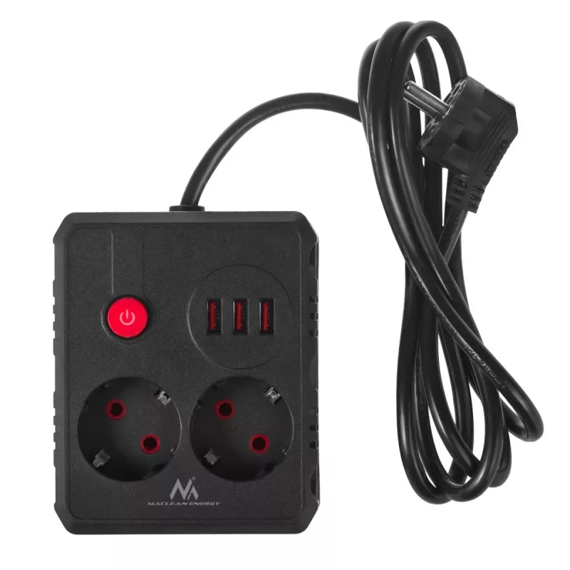 Listwa zasilająca MACLEAN MCE387 B — 2 gniazda, 3×USB A, 110–240V, przewód 1,5 m, maks. 2500 W