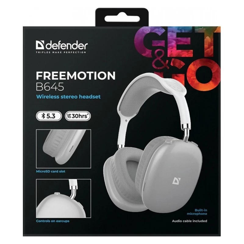 Bezprzewodowe słuchawki nauszne DEFENDER EEMOTION B645 — binauralne, USB-C, AUX, 20–20 000 Hz, czułość 105 dB