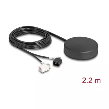 DELOCK 4G GNSS antena dachowa dookólna — 1×FAKRA A + 1×FAKRA B, 2 dBi / 28 dB, 2,2 m RG-174, czarna