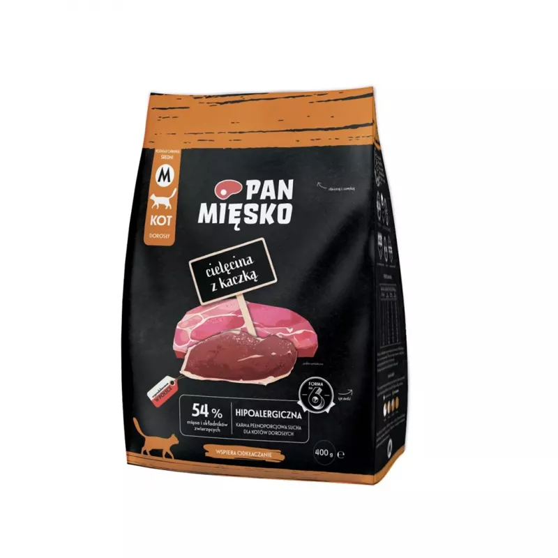 Sucha karma dla kota Pan Mięsko Cielęcina z Kaczką, Pełnoporcjowa karma sucha dla dorosłych kotów, 400 g, 39% białka, 16% tłuszczu