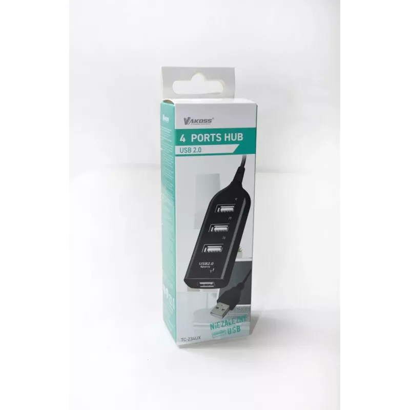 VAKOSS hub USB TC-234UX — 4-portowy hub USB 2.0, zasilanie DC (5V, 1A), czarny