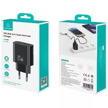 Ładowarka USB usams USA001629 25W 1×USB-C + 1×USB-A szybkie ładowanie