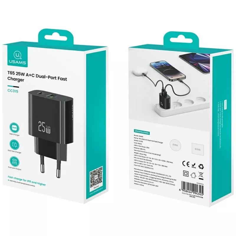 Ładowarka USB usams USA001629 25W 1×USB-C + 1×USB-A szybkie ładowanie