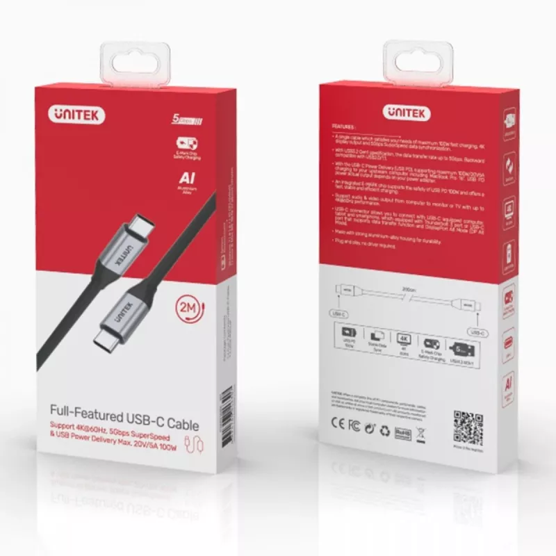 Kabel USB UNITEK C14091ABK USB 3.2 Gen 2 2m USB C Czarny