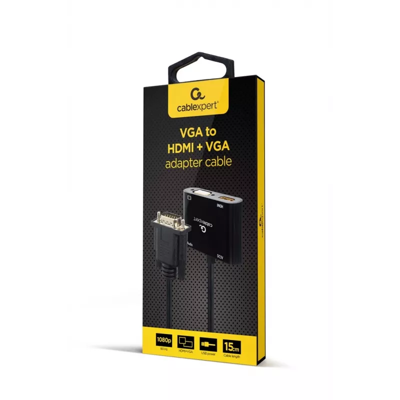 Adapter kablowy wideo GEMBIRD A-VGA-HDMI-02 0,15 m — HDMI + VGA (D-Sub) żeński na VGA (D-Sub) męski, czarny