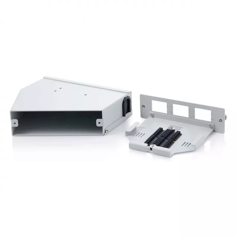Rozdzielacz światłowodowy do sklejania na szynę DIN DIGITUS DN-96893 — kątowy, 6 SC DX / LC Quad, aluminium, szary