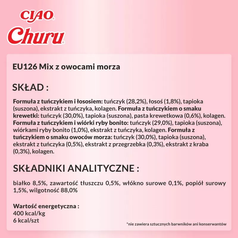 Mokre przysmaki dla kota INABA Churu Variety Box Seafood — 20 tubek x 14 g, pasta rybna, bez zbóż, bez cukru i glutenu