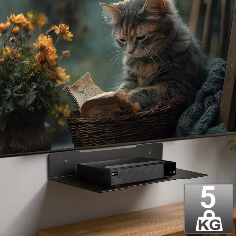 Półka ścienna pod dekoder MACLEAN MC-122, stal, czarna, maks. obciążenie 5 kg, rozstaw otworów 219 mm