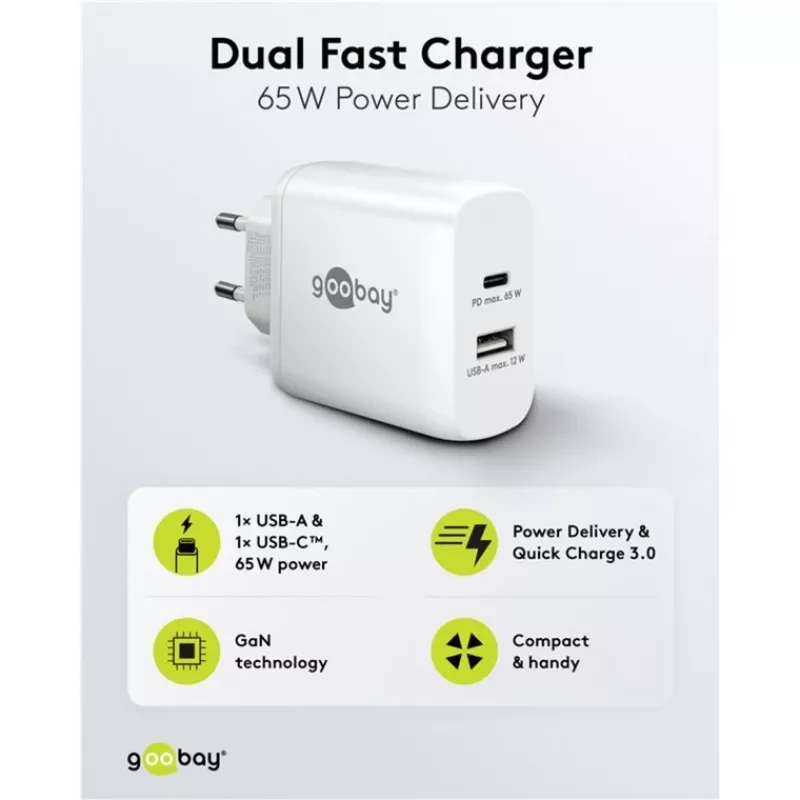 USB-C Dual-Fast Charger, PD, GaN, 65 Watt (biały, 1x USB-C, 1x USB-A, Power Delivery)