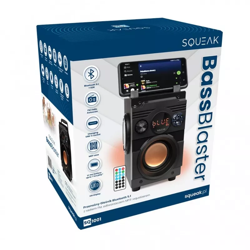 Głośnik Bluetooth 5.1 Squeak Bassblaster, Radio FM, Odtwarzacz MP3 SQ1001