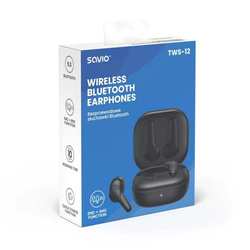 Zestaw słuchawkowy douszny TWS SAVIO TWS-12, Bluetooth 5.3, wbudowany mikrofon, czarny