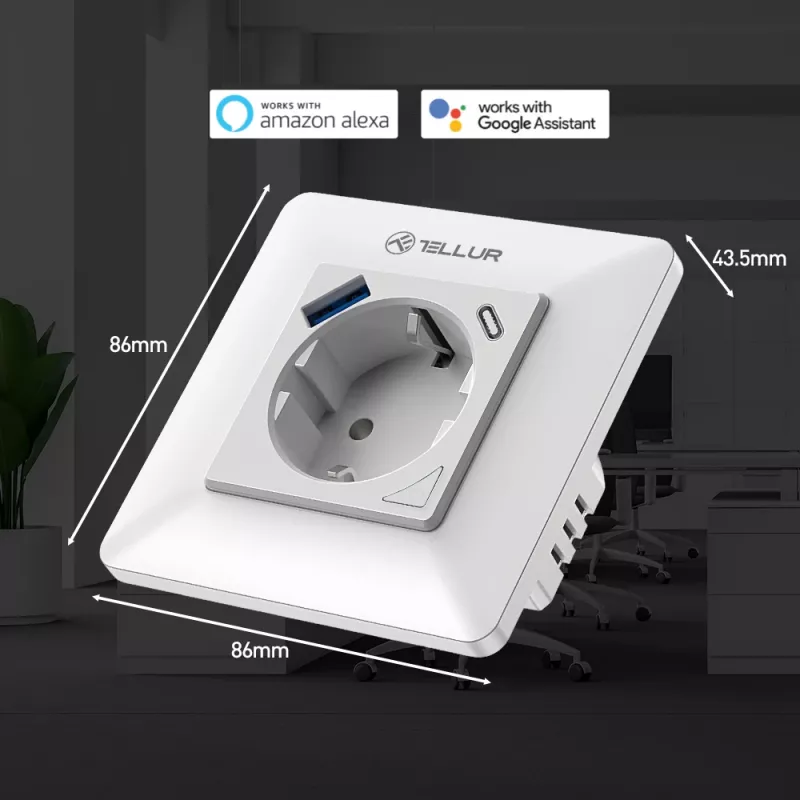 Inteligentna wtyczka ścienna WiFi Tellur TLL331531 — 3600W 16A, pilotów Wi‑Fi