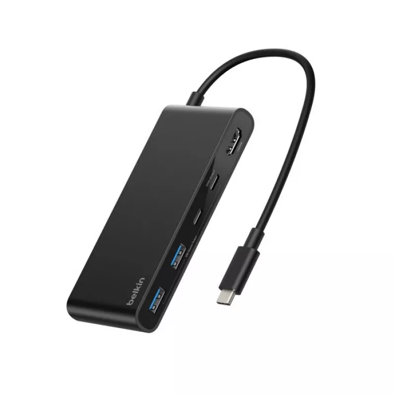 Belkin Connect, USB Type-C, HDMI, USB 2.0 Type-A, USB 3.2 Gen 1 (3.1 Gen 1) Type-C, MicroSD (TransFlash), SD, Czarny, Kabel okrągły, 0,2 m
