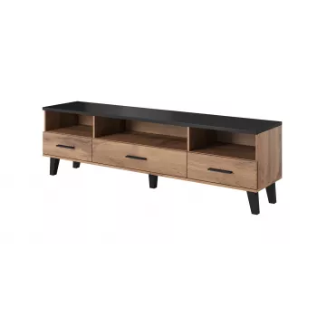 Stolik TV Cama Meble LOTTA 180 cm — rama w kolorze dębu Wotan, matowy czarny blat, 1800×400×530 mm