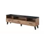 Stolik TV Cama Meble LOTTA 180 cm — rama w kolorze dębu Wotan, matowy czarny blat, 1800×400×530 mm